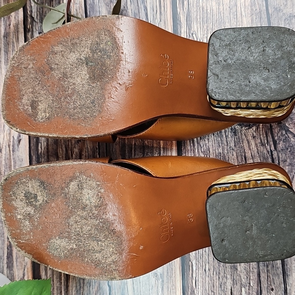 CHLOE` LAIA OCHRE DELIGHT LEATHER BLOCK HEEL SANDALS - Picture 8 of 14
